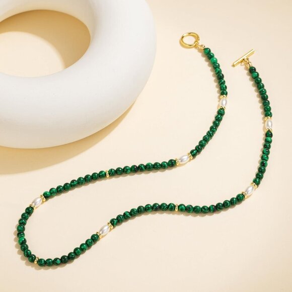 Natural Green Malachite Necklace 17in Beaded Choker with Gold Beads Pearl - Picture 5 of 6